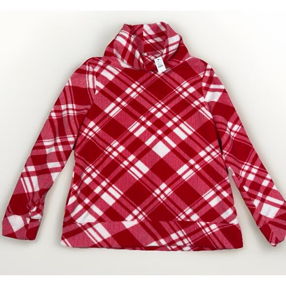 NWT Talbots Cowl Neck Sweater Red White Plaid Pullover Fleece Women's Size L - Picture 1 of 7